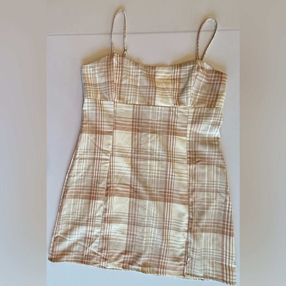 AEROPOSTALE Spaghetti Strap Plaid‎ Mini Dress w/ Slit @ Hem Brown/Cream Sz L - Picture 10 of 14